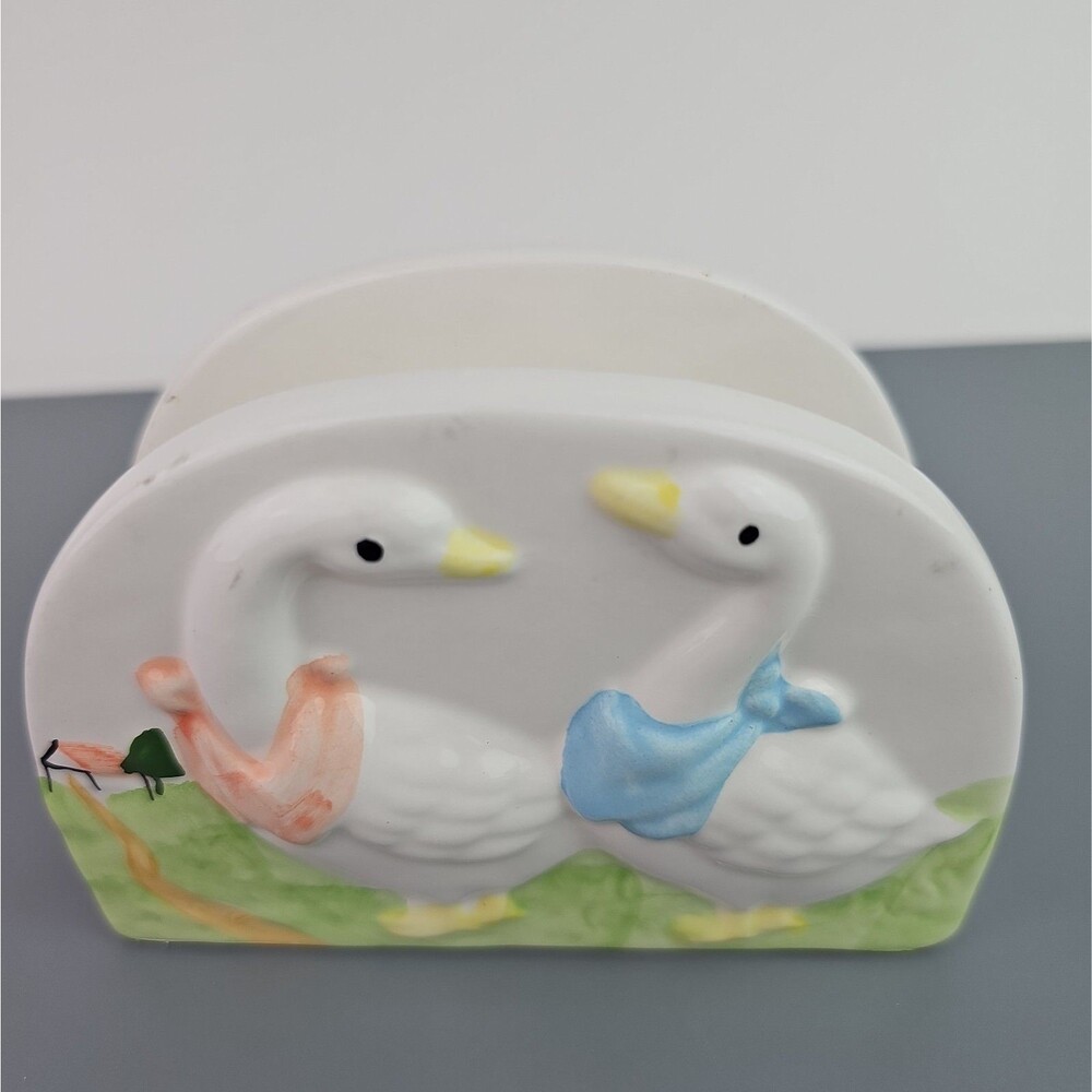 Vintage Country Goose Couple Ceramic Napkin Holder Cottage Core White Raised 5in